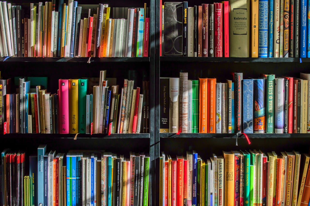 about-us-01 Vibrant collection of books on shelves for reading, research, and education.