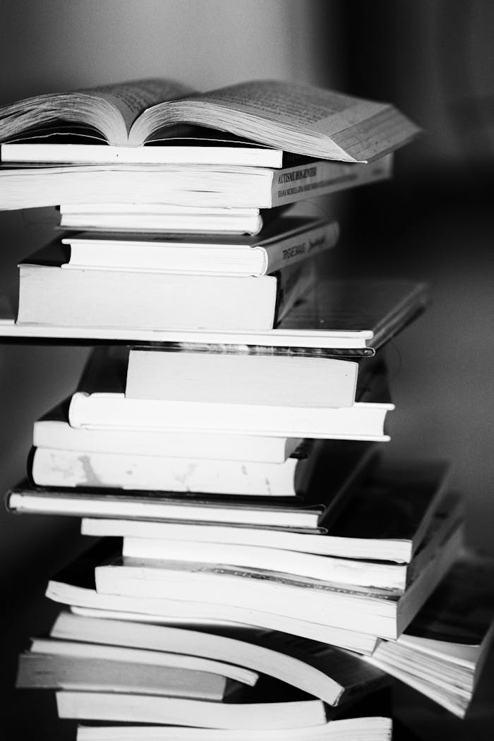 services-02 A monochrome image of a tall stack of books symbolizing education and knowledge.